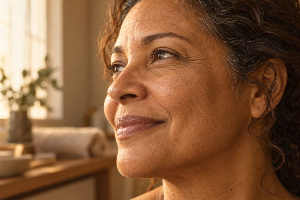 Mulher brasileira de uns cinquenta anos, de perfil, sorrindo perto da janela, com linhas finas ao redor dos olhos.